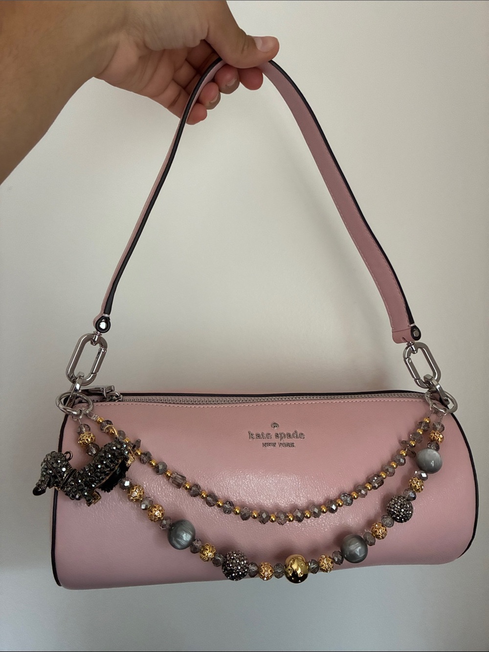 Sparkling Black & Gold Beaded Dog Charm Double Chain Strap Keychain